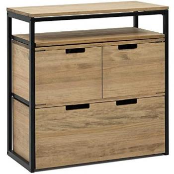 Mueble Multiusos iCub Eco Estante Superior con Cajón y Puertas, Cajón Inferior 80x40x80cm, Negro en Madera de Pino Maciza Acabado Vintage Estilo Industrial