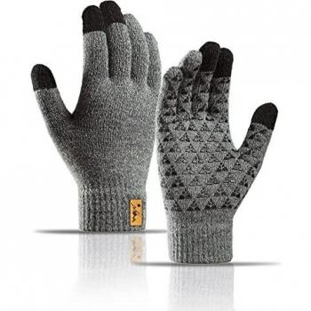 Amazon Brand - Hikaro Guantes térmicos de invierno para hombre y mujer de punto con interior de forro polar, antideslizantes y con dedos táctiles, gris claro, talla L