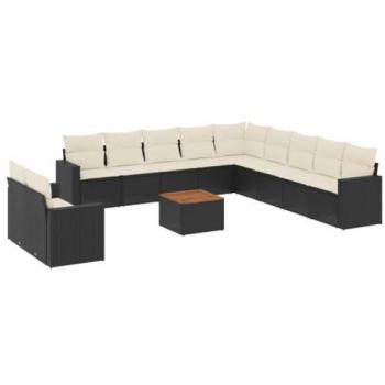 12-Piece Black Poly Rattan Garden Sofa Set with Cushions
