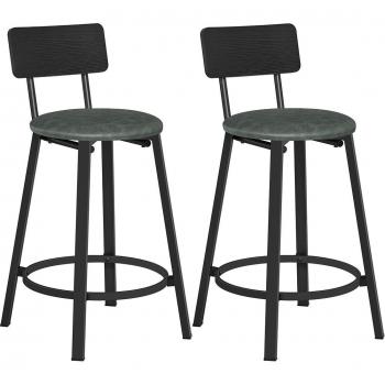 Set de 2 taburetes de bar con respaldo, reposapiés, fáciles de montar, color marrón rústico, café y verde bosque, dimensiones 39x39x82 cm