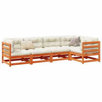 5 Piece Garden Sofa Set with Cushions Wax Brown Solid Pine Wood