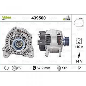 Alternador VALEO 439500 - Intensidad de carga del alternador: 110 Amp - Estrías: 6 estrías - Polea de correa: 57,2 mm - Tensión: 14 V - Sentido