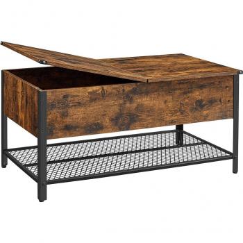 Mesa de centro con tapa abatible y compartimento oculto, estructura de metal, tapa de malla, 100x55x47 cm, para salón, marrón rústico y negro