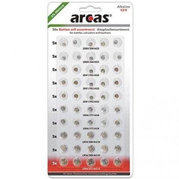 Arcas 12755000 Alkaline Surtido de Pilas de botón, 50 Piezas, Cromo