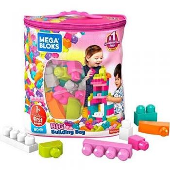 Mega Bloks Juego de construcciones 80 piezas con bolsa ecológica rosa, juguete bebé +1 año