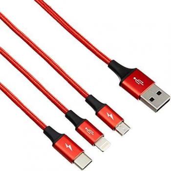 Cable Baseus 3 en 1 Rápido Lightning Micro USB y Tipo C 3A Rojo