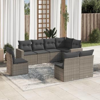 8-Piece Grey Poly Rattan Garden Sofa Set with Cushions