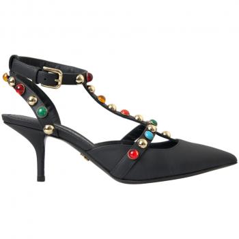 Dolce & Gabbana Black Leather Embellished Heels Sandal Shoes - EU39/US8.5, Size: 9 US, Size: 6 UK