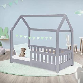 Cama Infantil ML-Design 70x140 cm con Reja Protectora, Techo y Somier de Listones de Madera de Pino Maciza Color Gris Claro