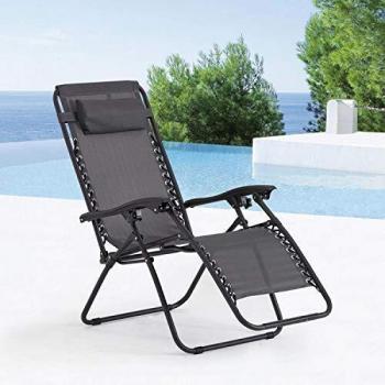 Tumbona Reclinable Plegable Manihi Negra y Gris Oscuro - Diseño Práctico y Moderno, Textilene Impermeable, Ideal para Jardín, Terraza o Baño de Sol