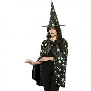 Smiffys-48020 Kit de Bruja de Medianoche y Brilla en la Oscuridad, con Capa y Sombrero, Color Negro y Brillar, Tamaño único