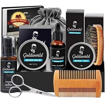 Kit Set Cuidado Barba con Libre Champu Barba,Cera Barba,Peine Barba,Cepillo Barba,Aceite Barba,Balsamo Barba,Tijeras Barba,Forma Barba,Productos Acondicionador Barba Crecer,Regalos para Hombres Papa