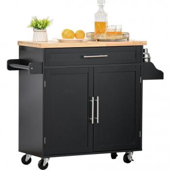 Carrito de Cocina con Armario y Ruedas de Almacenamiento Móvil para Comedor con Cajón, Barra y Especiero - Negro