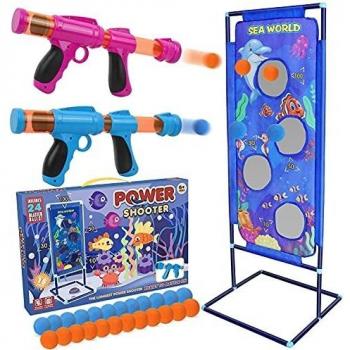 STOTOY Juego de Tiro, Divertido Juego de Tiro para Niños con 2 Pistolas de Aire con Bolas de Espuma y Blanco de Tiro de Pie y 24 Bolas de Espuma, Regalo Ideal para Niños y Niñas de 5 6 7 8 9 10+ Años