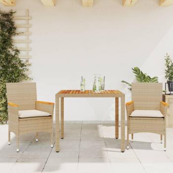 Set de Comedor Jardín 3 Piezas con Cojines de Ratán Polyrattan y Estructura de Acacia Beige