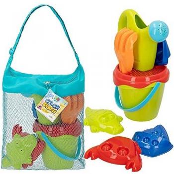 ColorBaby - Juguetes de playa para niños, Juguetes arena, Bolsa juguetes playa, Cubo arena, Ø14 cm, cedazo, pala, rastrillo, regadera, barco, moldes arena, COLORBABY, +18 mese
