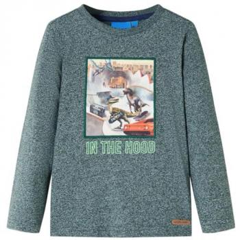 Camiseta Infantil Manga Larga Estampado Dinosaurios Verde Oscuro 116
