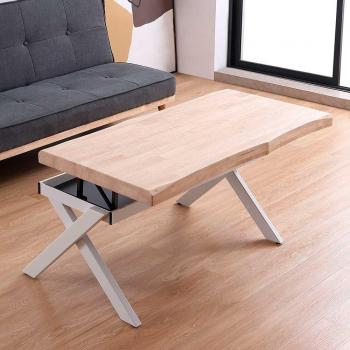 Mesa de Centro Elevable Xena con Tapa Irregular y Hueco de Almacenaje en Roble Nordish/Blanco, Dimensiones: 47-62 cm de altura, 120 cm de largo, 60-66 cm