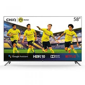 CHiQ Televisor Smart TV LED 58 Pulgadas, Android 9.0, Smart TV, UHD, 4K, WiFi, Bluetooth, Google Play Store, Google Assistant, Netflix, Prime Video, HDMI, USB-U58H7A
