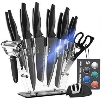 Wanbasion Negro 16 Piezas Juego de Cuchillos de Cocina Profesional, Juego de Cuchillos de Cocina Con Soporte, Bloque de Cuchillos Cocina Acero Inoxidable