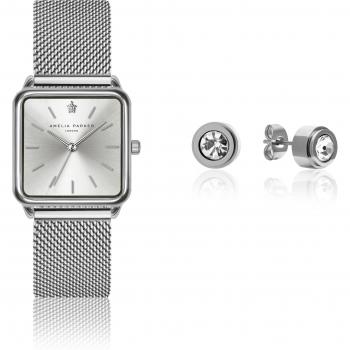 Amelia Parker Plaza Women's Silver Watch and Earrings Set - 28 mm