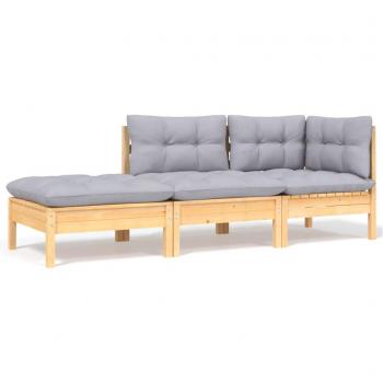 3-Piece Garden Lounge Set with Gray Cushions Solid Pinewood