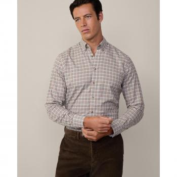 Camisa de Hombre Tailored Fit de Cuadros Gingham en Algodón, Manga Larga, Color Marrón y Blanco