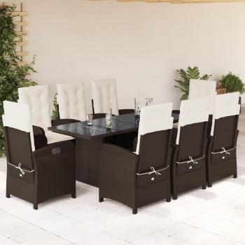 Juego de comedor de jardín 9 piezas con cojines de Polyrattan marrón