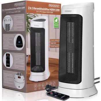 Calefactor Eléctrico Cerámico Monzana 2000W con Control Remoto, 4 Modos, Oscilación 120°, Temporizador y Ahorro de Energía (15-40°C) - Blanco