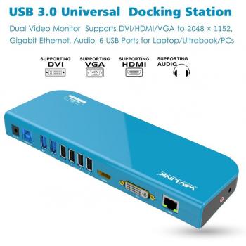 Wavlink universal laptop docking station usb 30 para tabletas y portatiles con video dual hdmidvivga hasta 20481152gigabit ethernet 6x puerto compatible con windows xp mac os android 50