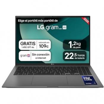 Portátil LG Gram 16 Ultra 7-255H, 16GB RAM, 1TB SSD, IPS Antirreflejo, FreeOS, Ligero (1.119 kg), Hasta 22.5 Horas de