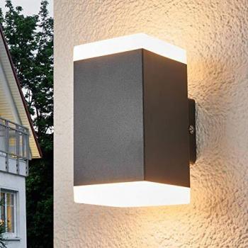 Aplique de pared exterior LED Hedda angular moderno, 2 llamas, acero inoxidable y plástico, gris oscuro y opalino