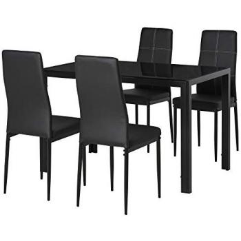 HOMCOM Conjunto de Comedor 5 Piezas - Mesa Rectangular de Vidrio Templado y 4 Sillas Tapizadas en PU con Patas de Metal Negro (120 x 70 x 75 cm)