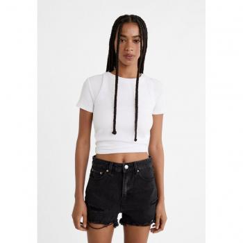 Stradivarius D75 Ripped Denim Shorts - Black Denim Washed
