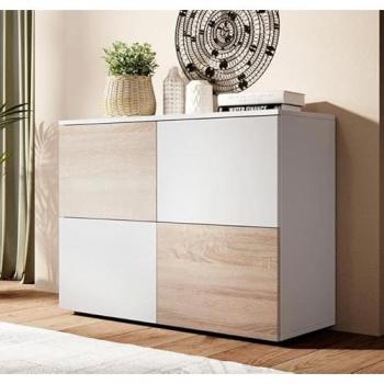 Aparador de salón Modelo Zoel, 90x68x34cm, 4 puertas, Acabado Mate, Color Blanco y Sonoma