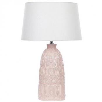 Lámpara de mesa boho rústica 56 cm base de cerámica rosa y pantalla de tela blanca Zarima