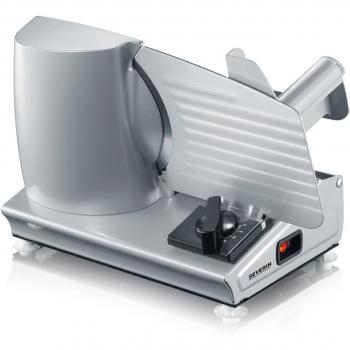 SEVERIN Cortafiambres, loncheador con dos cuchillas de acero inoxidable extraíbles, cortafiambres eléctrico con protector de dedos y recogedor de restos, 180 W, 38,2 x 25 x 27,6 cm, Plateado, AS 3915