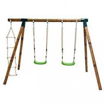 MASGAMES Columpio de Madera KADI Deluxe con Dos Asientos de plastico con Cuerdas y Escalera de Cuerda