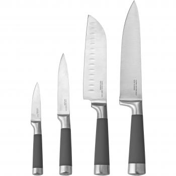 Set de 4 cuchillos Profesionales: Chef, Santoku, Multiusos y Pelador, mango silicona, balanceados