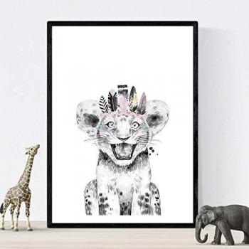 Lámina Infantil León con Plumas - Póster de Animales Infantiles Tamaño A3 Sin Marco