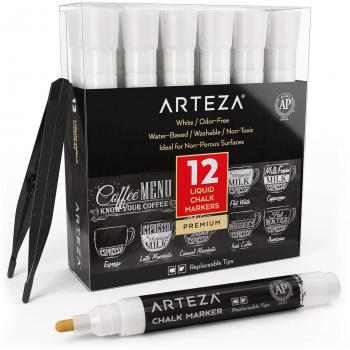 ARTEZA Rotuladores de tiza líquida blanca | Set de 12 | Puntas recambiables | Incluye pinzas | Marcadores de tiza de agua lavables sin polvo | Rotuladores blancos para pizarra y superficies no porosas