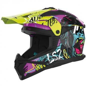 LS2 MX708 Fast II Gorilla Casco de motocross todoterreno, Multicolor, Púrpura-Amarillo Hivis, Talla XS