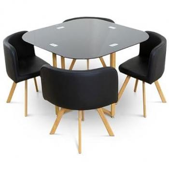 Mesa de Comedor de Cristal Templado con Estructura de Teka y 4 Sillas Negras 100x100 cm