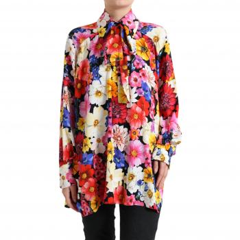 Dolce & Gabbana Multicolor Floral Ascot Collared Silk Blouse - IT40|S (Size: XS)