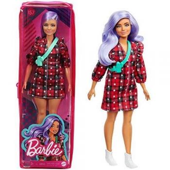 Barbie Fashionista Muñeca con pelo violeta, vestido de cuadros rojo y accesorios de moda