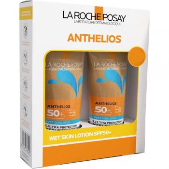 La Roche Posay Anthelios SPF50+ Duplo Loción Wet Skin 200+200 ml - Protector solar de alta protección, formulación específica para piel húmeda, resistente al agua, textura ligera y no grasa, adecuado para todo tipo