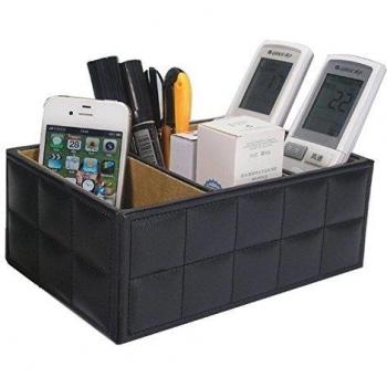 Hensych 4-Slot mesa de piel y de madera caja de almacenamiento Organizador de soporte para móvil caja de maquillaje, negro, large