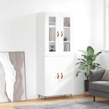 Aparador alto de madera contrachapada blanco brillo 69,5x34x180 cm con 2 puertas, mueble de almacenaje para salón, buffet y armario auxiliar