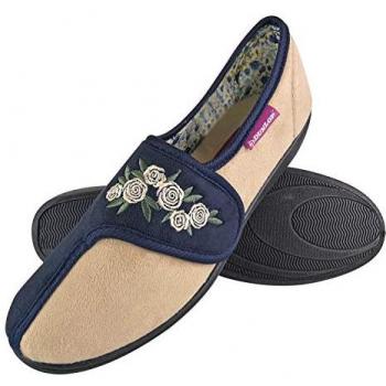 Dunlop Women's Adjustable Wide Fit Memory Foam Floral Velcro Slippers for Elderly Women - Navy Size 4