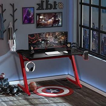 HOMCOM Mesa Gaming Escritorio para Ordenador con Portavasos Gancho para Auriculares Soporte de Gamepad y 2 Orificios Pasacables 122x66x76 cm Negro y Rojo